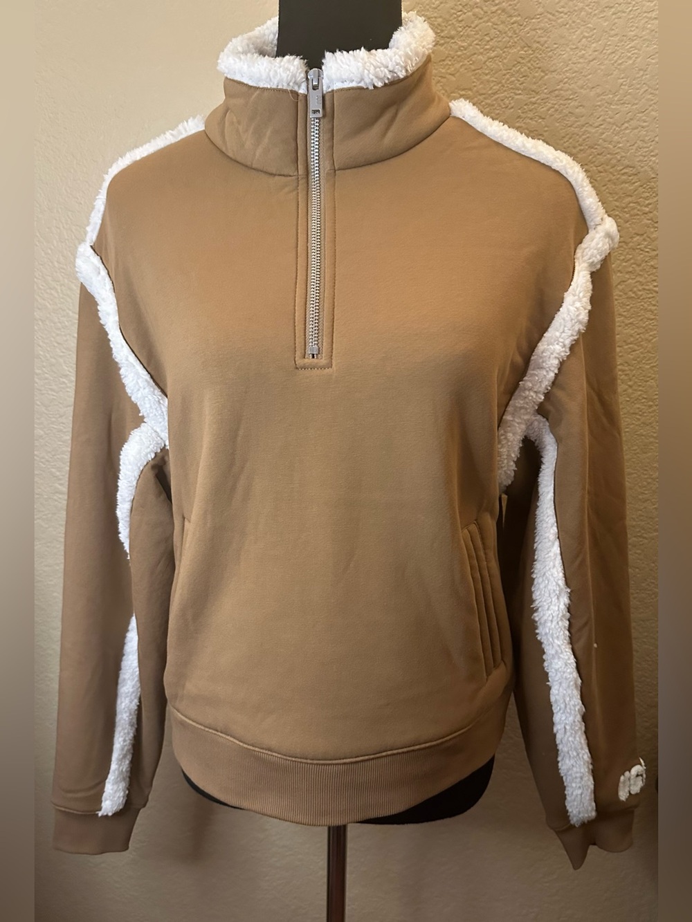 UGG Tan Half-Zip Sweatshirt with White Sherpa Trim